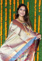Monjolika Fashion Beige and Grey Paithani Silk Blend Saree With Peacock Motif | Grocsy