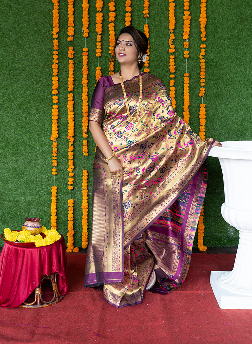 Monjolika Fashion Beige and Magenta Pink Paithani Silk Blend Saree With Peacock Motif | Grocsy