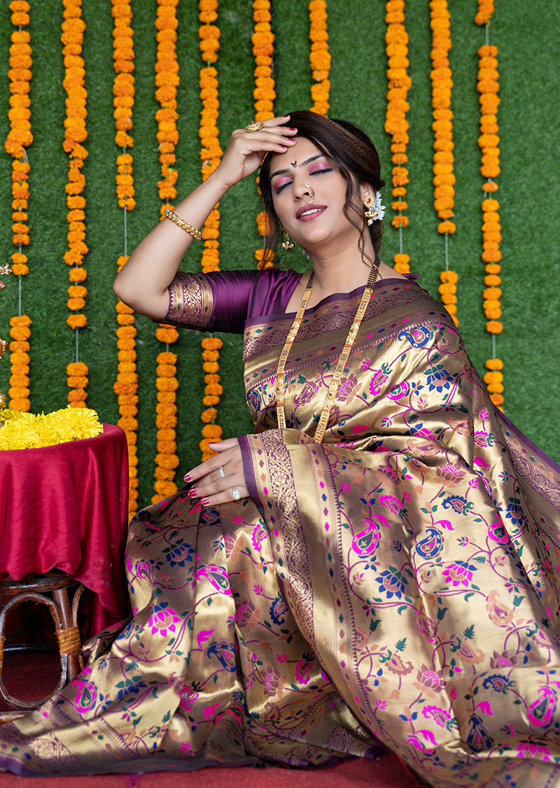 Monjolika Fashion Beige and Magenta Pink Paithani Silk Blend Saree With Peacock Motif | Grocsy