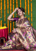 Monjolika Fashion Beige and Magenta Pink Paithani Silk Blend Saree With Peacock Motif | Grocsy