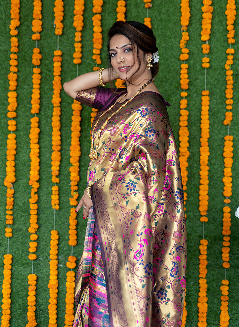 Monjolika Fashion Beige and Magenta Pink Paithani Silk Blend Saree With Peacock Motif | Grocsy