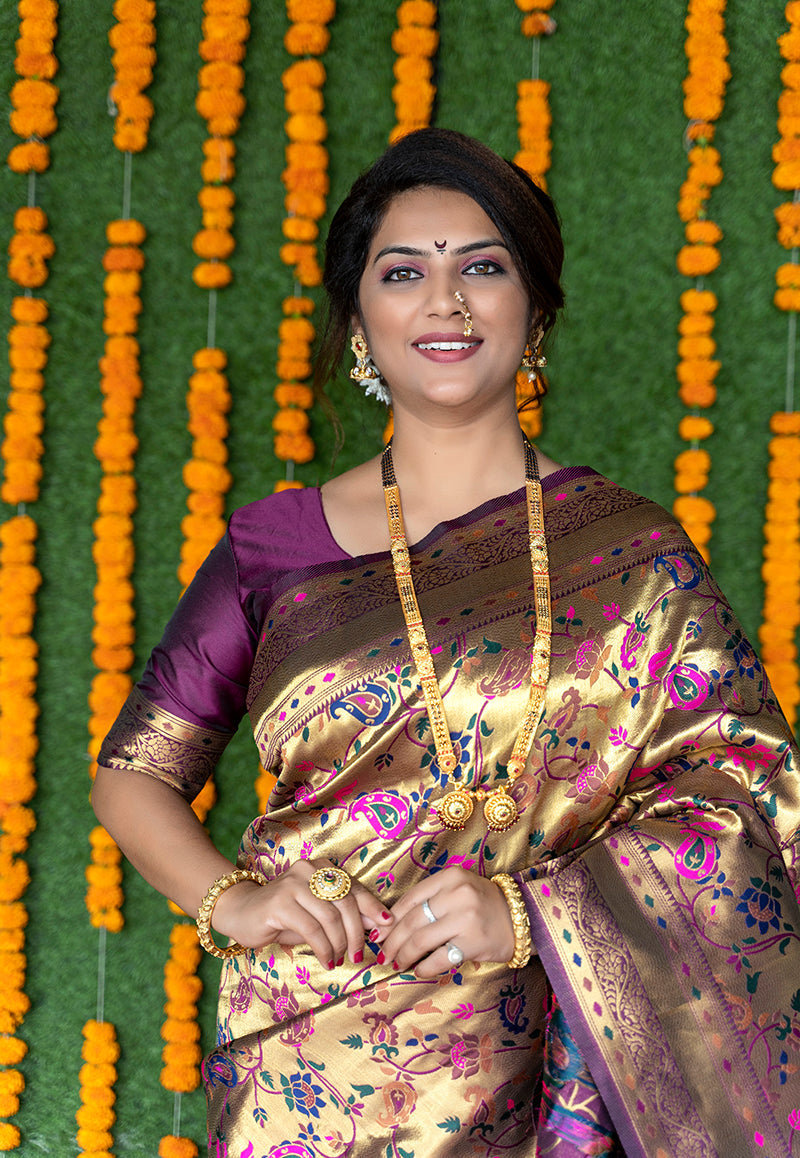Monjolika Fashion Beige and Magenta Pink Paithani Silk Blend Saree With Peacock Motif | Grocsy