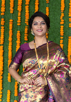 Monjolika Fashion Beige and Magenta Pink Paithani Silk Blend Saree With Peacock Motif | Grocsy