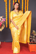 Monjolika Fashion Yellow Silk Blend Banarasi Saree With Zari Weaving | Grocsy