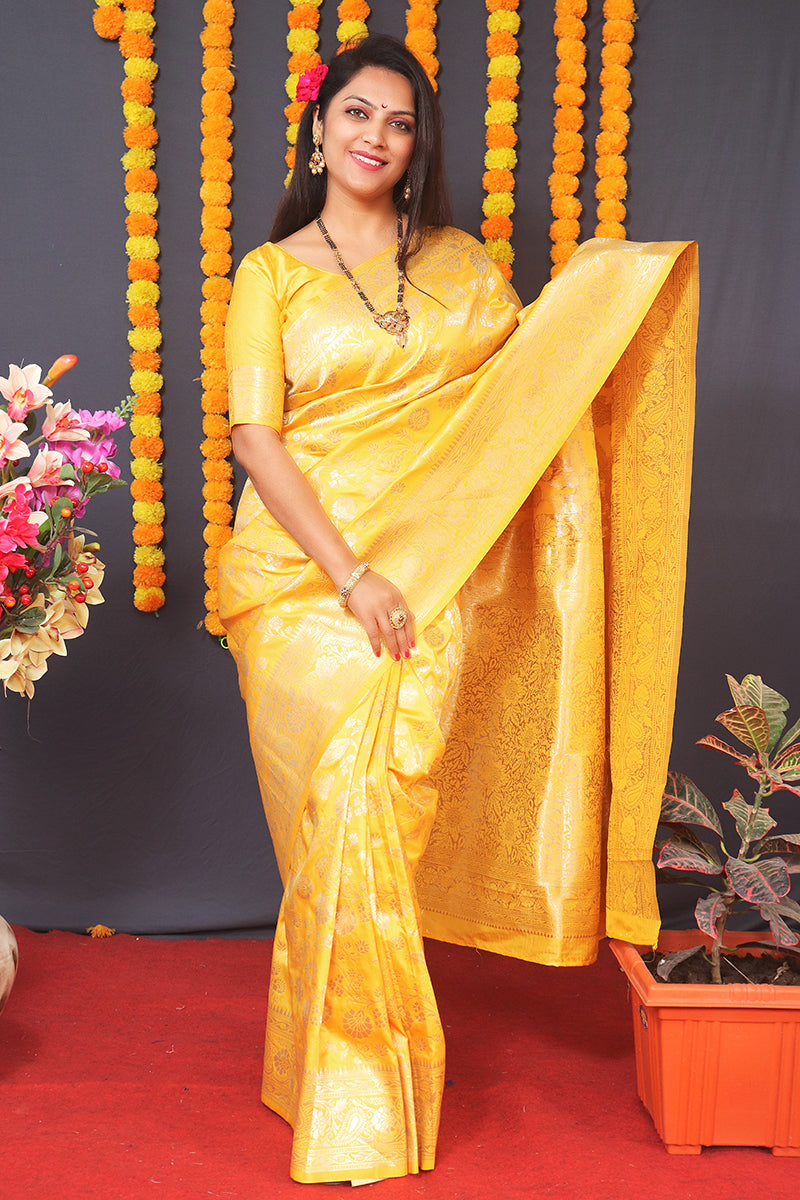 Monjolika Fashion Yellow Silk Blend Banarasi Saree With Zari Weaving | Grocsy