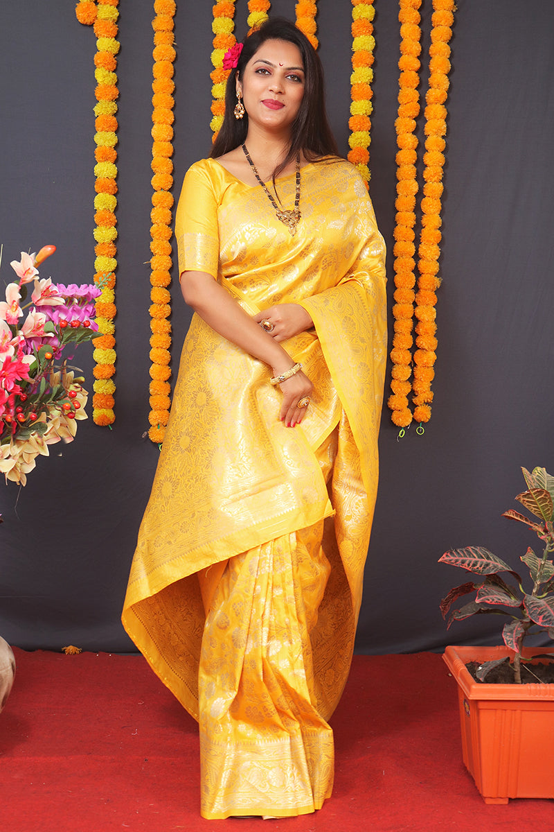 Monjolika Fashion Yellow Silk Blend Banarasi Saree With Zari Weaving | Grocsy