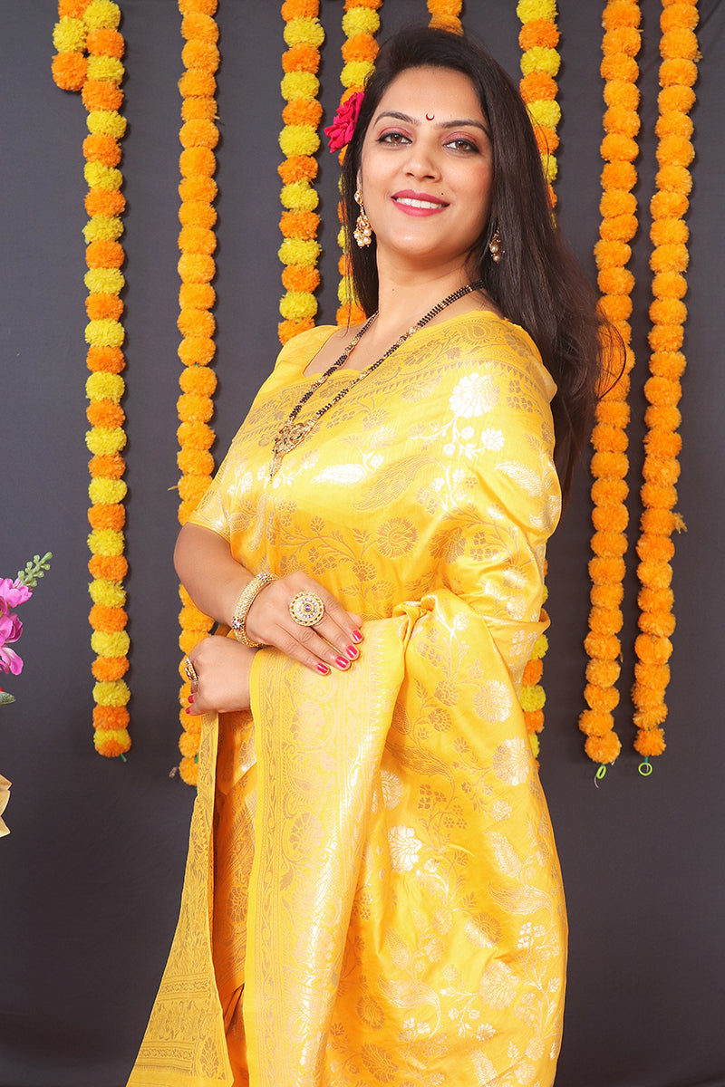Monjolika Fashion Yellow Silk Blend Banarasi Saree With Zari Weaving | Grocsy