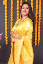 Monjolika Fashion Yellow Silk Blend Banarasi Saree With Zari Weaving | Grocsy