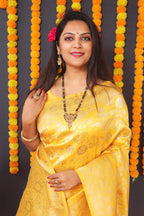 Monjolika Fashion Yellow Silk Blend Banarasi Saree With Zari Weaving | Grocsy