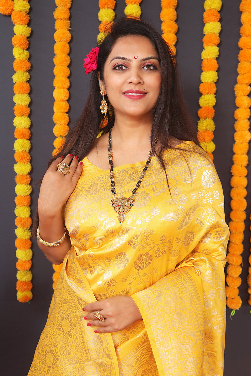 Monjolika Fashion Yellow Silk Blend Banarasi Saree With Zari Weaving | Grocsy