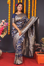 Monjolika Fashion Navy Blue Silk Blend Banarasi Saree With Zari Weaving | Grocsy