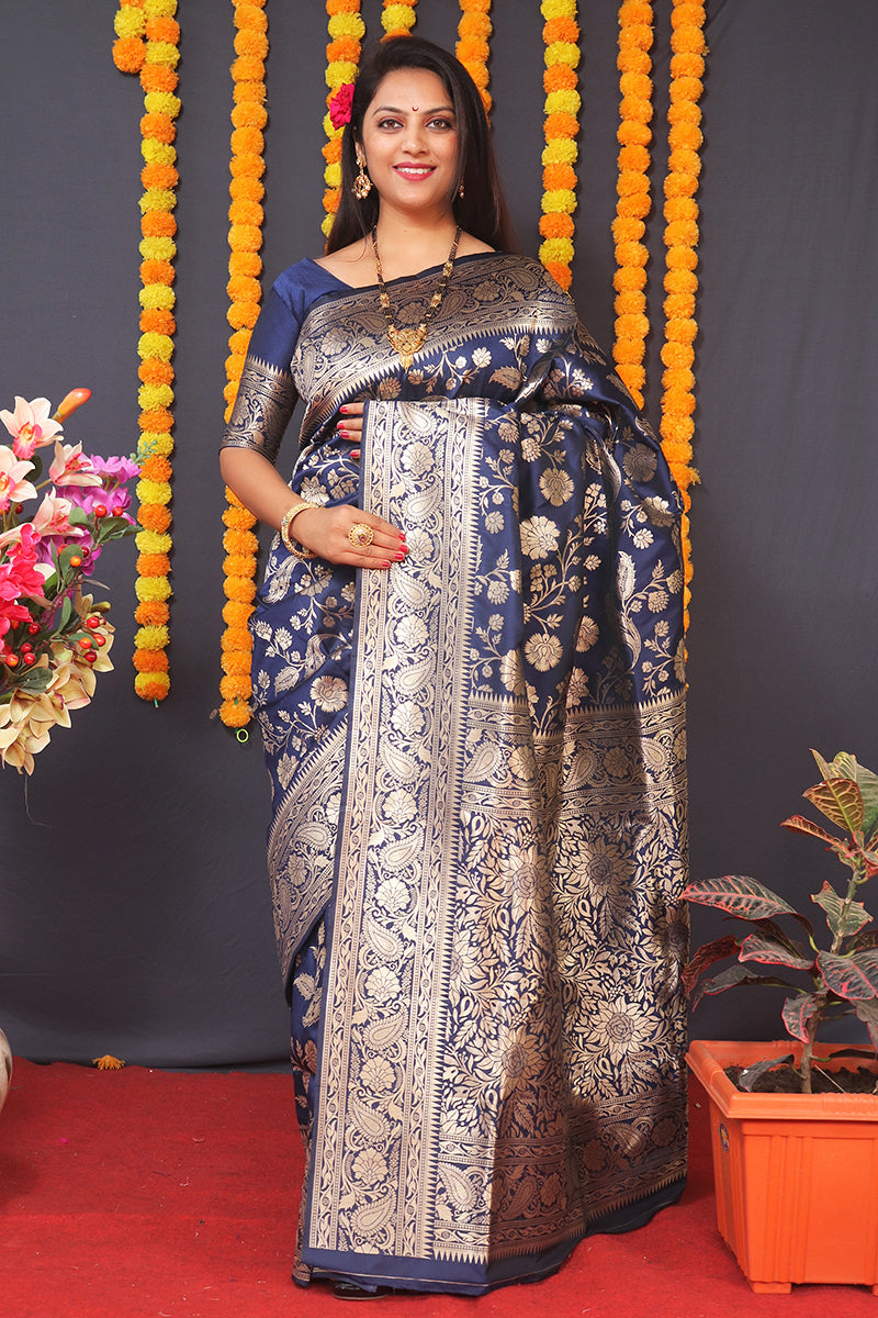 Monjolika Fashion Navy Blue Silk Blend Banarasi Saree With Zari Weaving | Grocsy