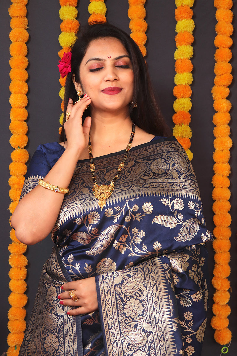 Monjolika Fashion Navy Blue Silk Blend Banarasi Saree With Zari Weaving | Grocsy