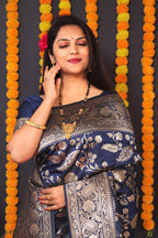 Monjolika Fashion Navy Blue Silk Blend Banarasi Saree With Zari Weaving | Grocsy