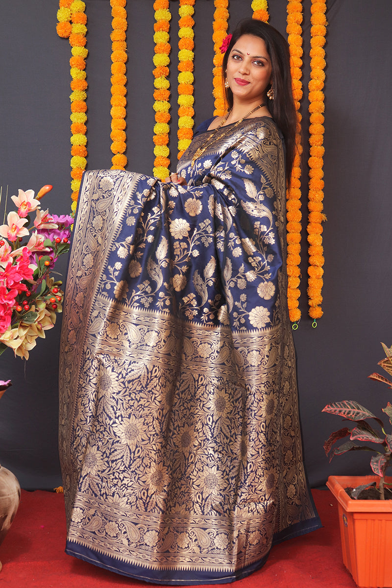 Monjolika Fashion Navy Blue Silk Blend Banarasi Saree With Zari Weaving | Grocsy