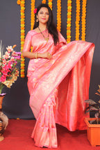 Monjolika Fashion Pink Silk Blend Banarasi Saree With Zari Weaving | Grocsy