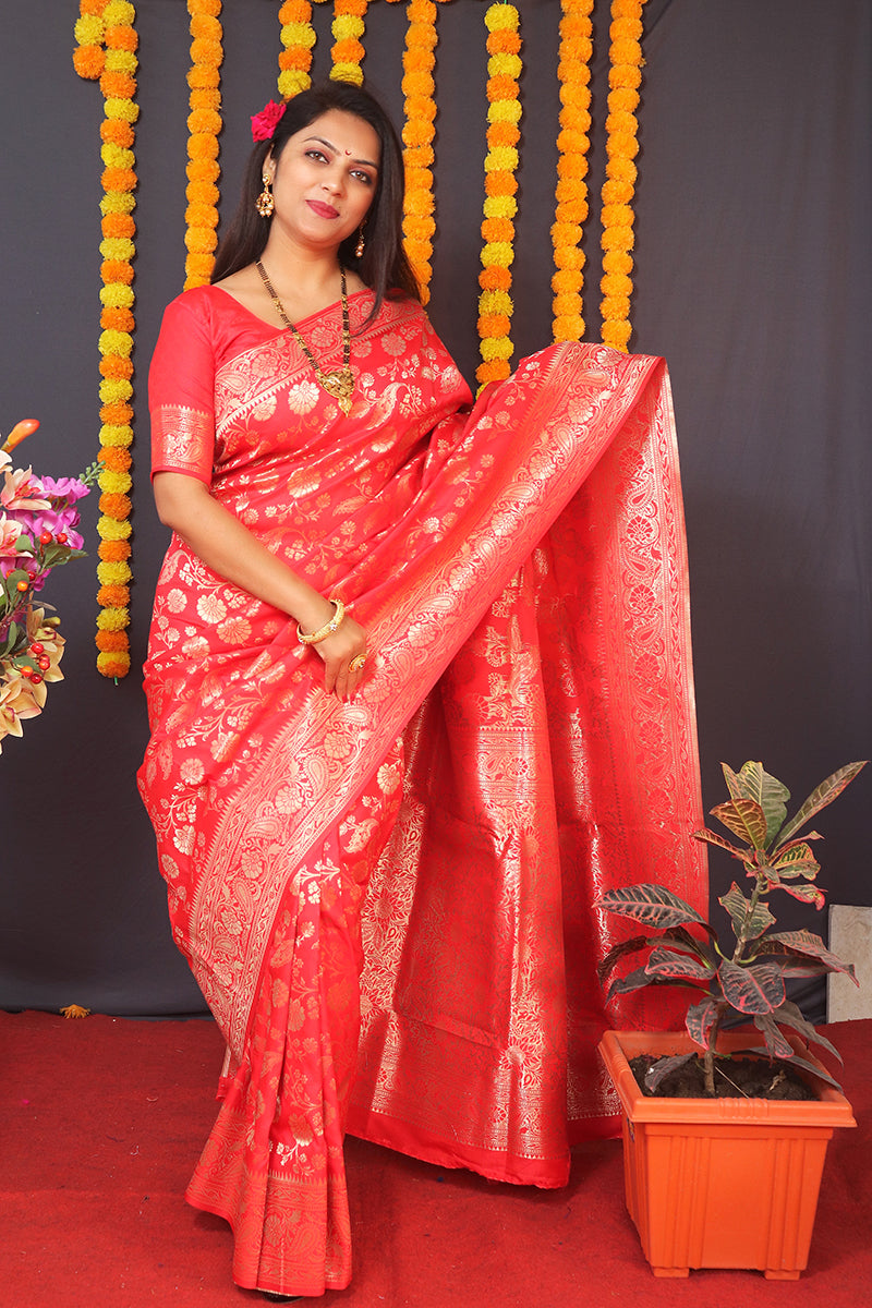 Monjolika Fashion Red Silk Blend Banarasi Saree With Zari Weaving | Grocsy
