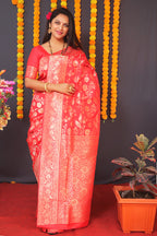 Monjolika Fashion Red Silk Blend Banarasi Saree With Zari Weaving | Grocsy
