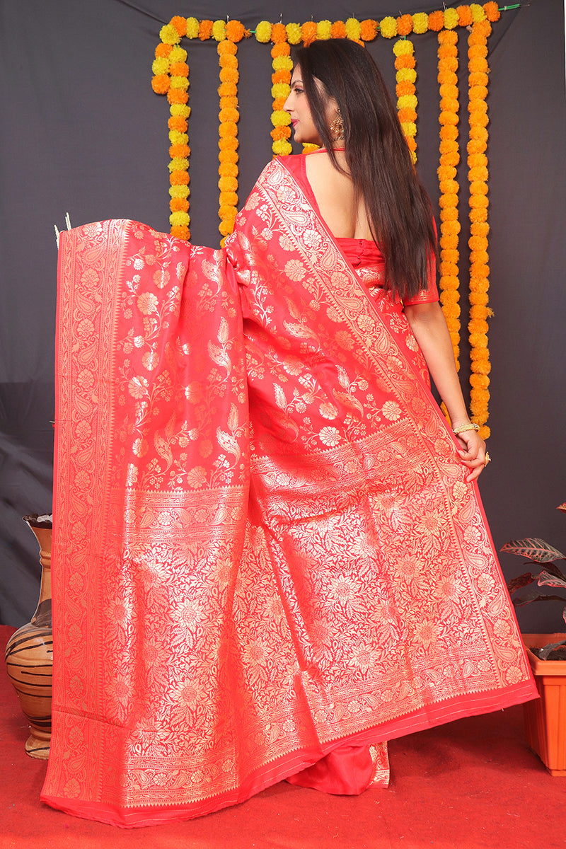 Monjolika Fashion Red Silk Blend Banarasi Saree With Zari Weaving | Grocsy