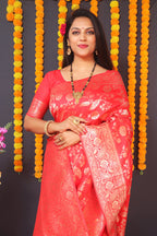 Monjolika Fashion Red Silk Blend Banarasi Saree With Zari Weaving | Grocsy