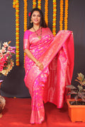 Monjolika Fashion Rani Pink Silk Blend Banarasi Saree With Zari Weaving | Grocsy