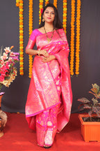 Monjolika Fashion Rani Pink Silk Blend Banarasi Saree With Zari Weaving | Grocsy
