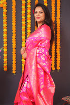 Monjolika Fashion Rani Pink Silk Blend Banarasi Saree With Zari Weaving | Grocsy