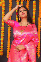 Monjolika Fashion Rani Pink Silk Blend Banarasi Saree With Zari Weaving | Grocsy