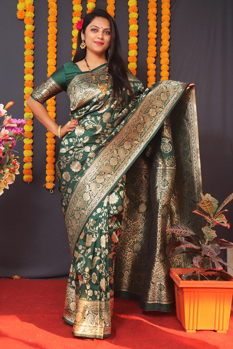 Monjolika Fashion Dark Green Silk Blend Banarasi Saree With Zari Weaving | Grocsy