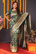 Monjolika Fashion Dark Green Silk Blend Banarasi Saree With Zari Weaving | Grocsy