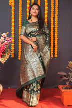 Monjolika Fashion Dark Green Silk Blend Banarasi Saree With Zari Weaving | Grocsy