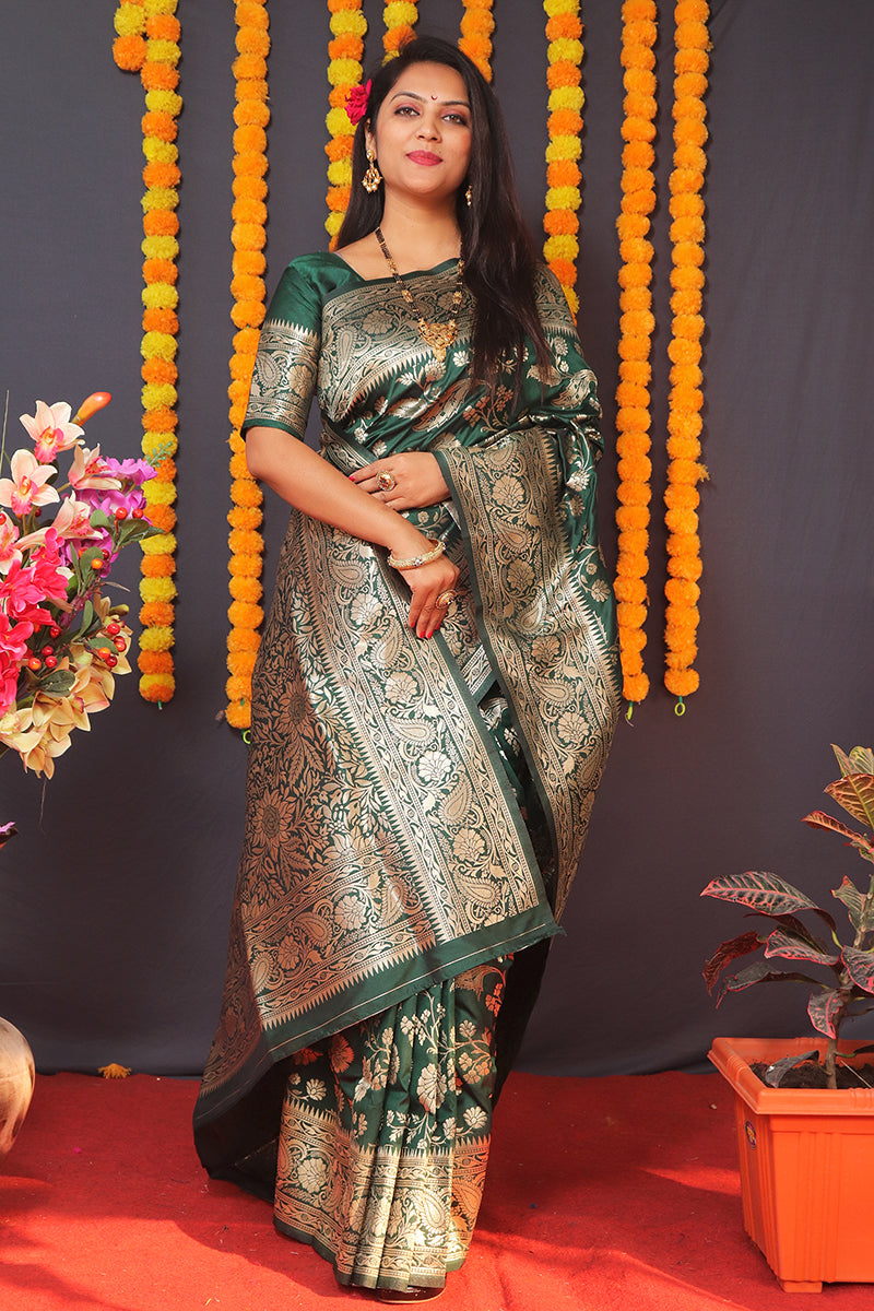 Monjolika Fashion Dark Green Silk Blend Banarasi Saree With Zari Weaving | Grocsy