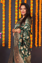 Monjolika Fashion Dark Green Silk Blend Banarasi Saree With Zari Weaving | Grocsy