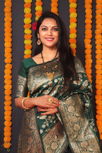 Monjolika Fashion Dark Green Silk Blend Banarasi Saree With Zari Weaving | Grocsy
