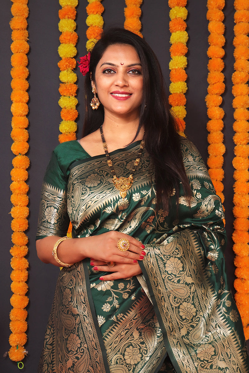 Monjolika Fashion Dark Green Silk Blend Banarasi Saree With Zari Weaving | Grocsy