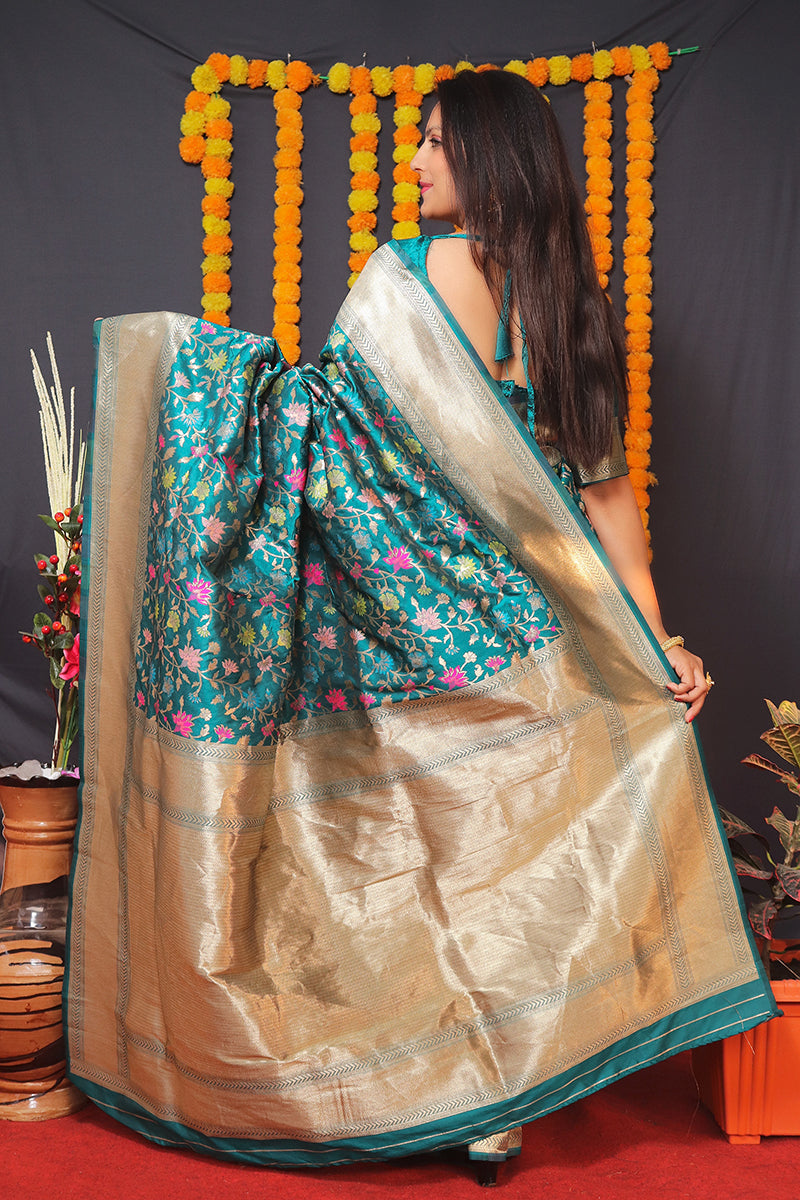 Monjolika Fashion Teal Blue Banarasi Silk Blend Saree With Floral Jaal & Zari Border | Grocsy