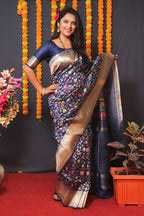 Monjolika Fashion Navy Blue Banarasi Silk Blend Saree With Floral Jaal & Zari Border | Grocsy