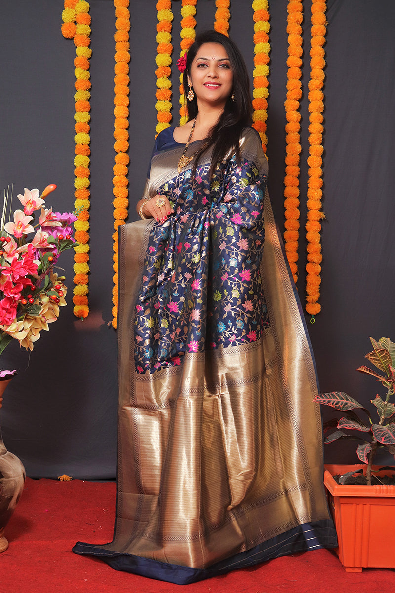 Monjolika Fashion Navy Blue Banarasi Silk Blend Saree With Floral Jaal & Zari Border | Grocsy