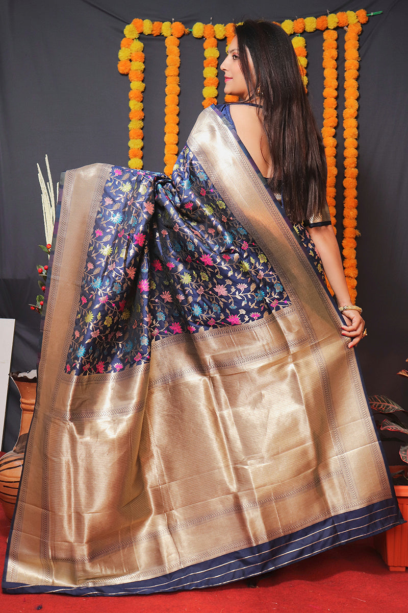 Monjolika Fashion Navy Blue Banarasi Silk Blend Saree With Floral Jaal & Zari Border | Grocsy