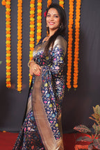 Monjolika Fashion Navy Blue Banarasi Silk Blend Saree With Floral Jaal & Zari Border | Grocsy