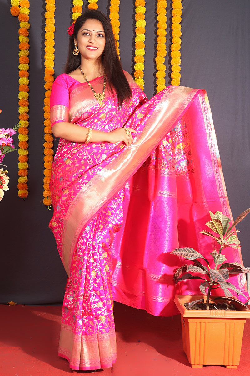 Monjolika Fashion Rani Pink Banarasi Silk Blend Saree With Floral Jaal & Zari Border | Grocsy