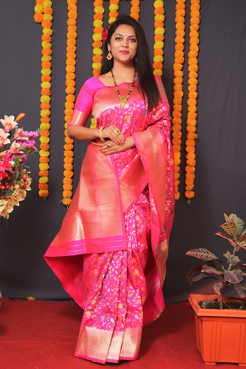 Monjolika Fashion Rani Pink Banarasi Silk Blend Saree With Floral Jaal & Zari Border | Grocsy