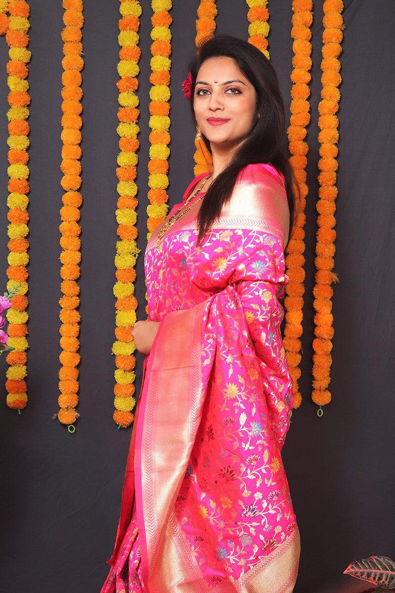 Monjolika Fashion Rani Pink Banarasi Silk Blend Saree With Floral Jaal & Zari Border | Grocsy