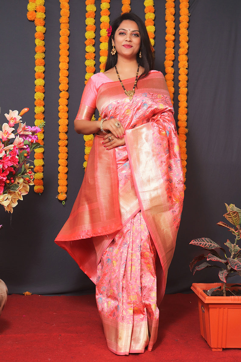 Monjolika Fashion Light Pink Banarasi Silk Blend Saree With Floral Jaal & Zari Border | Grocsy
