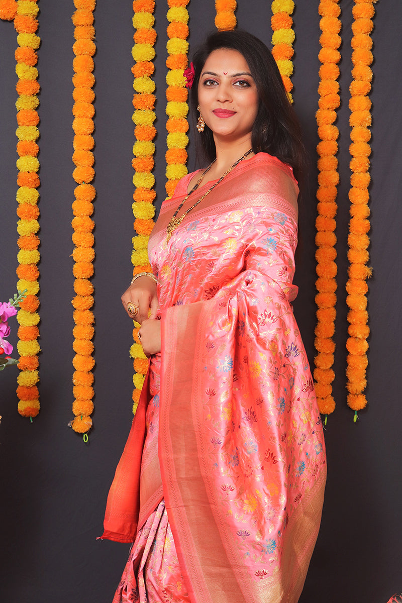 Monjolika Fashion Light Pink Banarasi Silk Blend Saree With Floral Jaal & Zari Border | Grocsy