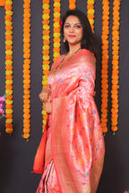 Monjolika Fashion Light Pink Banarasi Silk Blend Saree With Floral Jaal & Zari Border | Grocsy