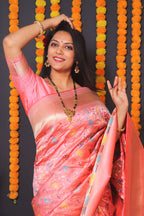 Monjolika Fashion Light Pink Banarasi Silk Blend Saree With Floral Jaal & Zari Border | Grocsy