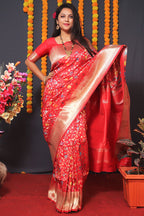 Monjolika Fashion Red Banarasi Silk Blend Saree With Floral Jaal & Zari Border | Grocsy