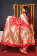 Monjolika Fashion Red Banarasi Silk Blend Saree With Floral Jaal & Zari Border | Grocsy