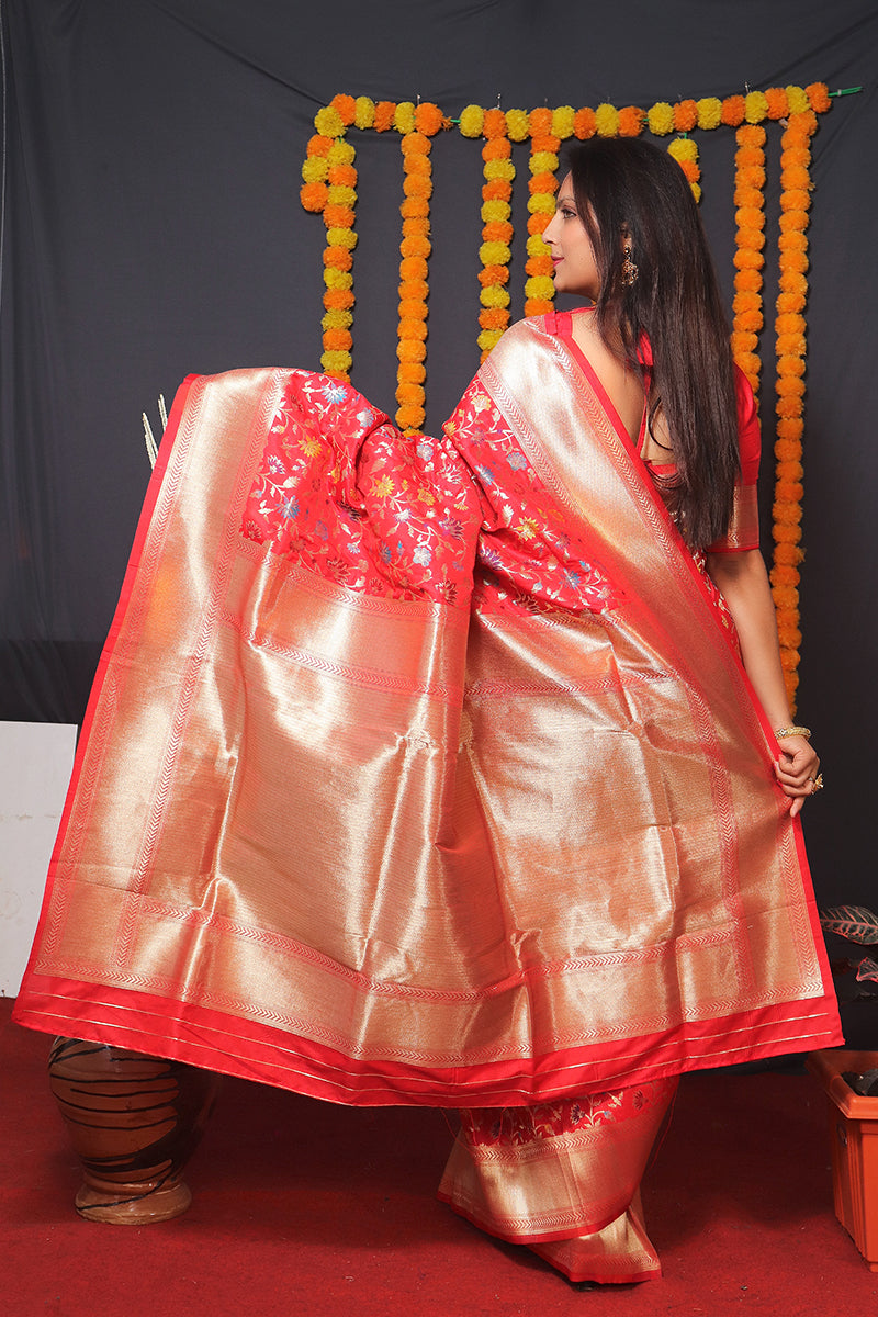 Monjolika Fashion Red Banarasi Silk Blend Saree With Floral Jaal & Zari Border | Grocsy